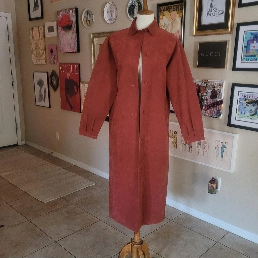 Halston 70s Rust Ultrasuede Longline Duster Coat‎ Button Front Collared XL
